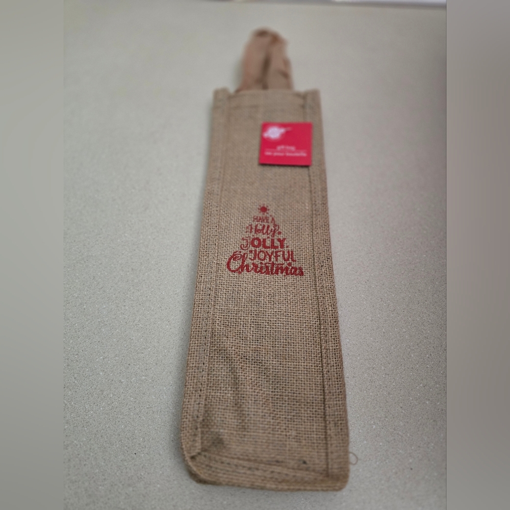 Festive Burlap Wine Bag with Red Christmas Print